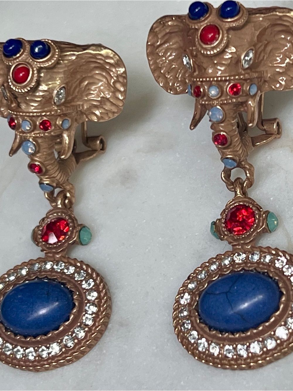 Vintage Gold-Tone Elephant Drop Earrings with Blue and Red Stones-Pierced - Picture 5 of 8